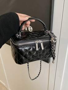 1 件时尚 PU 绗缝钻石缝拉链手拿包，百搭女士手提包，配有可拆卸肩链 - 黑色 - 查看 4