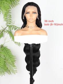 混合假发 - 混合真人发和合成发 13x4 波浪人发混合假发，预拔自然发际线，180% 密度，13x4 透明蕾丝前假发，10A 巴西处女无胶假发，女士人发混合假发（鲍勃 8-16 英寸） - 自然色&黑色系 - 查看 3