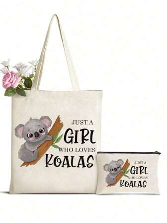 趣味印花单肩帆布包手提包和化妆包，可爱考拉印花托特包，考拉图案化妆包，“JUST A GIRL WHO LOVES KOALAS”字样化妆包，大容量旅行洗漱包带拉链开合，可爱女士礼物