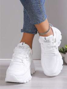 8cm Niewidoczna platforma zwiększająca wysokość Grube wygodne codzienne trampki dla niskich kobiet, pasujące do szerokich spodni i dżinsów, skórzane, wiosenne i jesienne, sznurowane białe buty dla kobiet