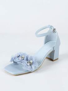 Sandalias con tacón grueso, adornadas con flores y rhinestones, estilo elegante para fiestas, para bodas y banquetes, tacones altos de satén blanco