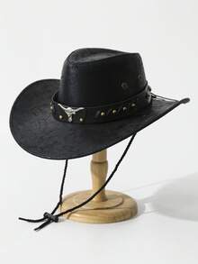 1 件男女通用牛仔风格牛头和腰带装饰波西米亚风牛仔帽，柔软毡软呢帽，适合休闲、派对、海滩、日常穿着，由涤纶制成，带反光饰边 - 黑色 - 查看 6