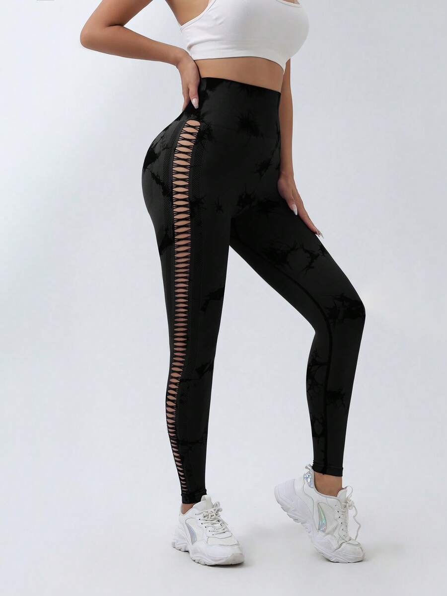 QGU Women's High Waisted Abdominal Control Yoga Pants, Seamless Tie-Dye Hollow Out Leggings, Breathable And Quick-Drying Exercise Leggings, Hip Lifting Fitness Trousers, Side Hollow Out Design, Gym Exercise Clothing - 黑色 - 查看 1