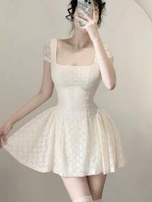 Đầm ren màu mơ thanh lịch, gợi cảm, màu trơn, đáng yêu, sang trọng, thích hợp cho buổi tối hẹn hò, lễ hội, mặc hàng ngày, tiệc tùng, ở nhà mùa hè. - Màu be - Xem 2