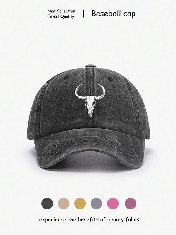 1pc Unisex Western Style Bull Head Printed Baseball Cap, Washed Vintage Breathable Soft Crown Adjustable Snapback Hat, Suitable For Everyday Casual Street Outfit