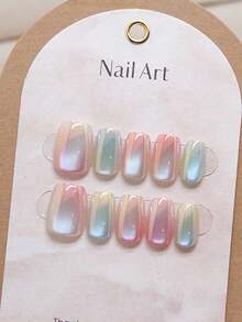 10Pcs Ombre Cat Eye Press-On Nails - Short Ballet Shape, Candy Colors, Glossy Finish, Easy To Apply And Reusable - Salon Quality Look Nail Supplies Nails - Multicolor - View 1