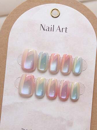 10 件渐变猫眼按压指甲 - 短芭蕾形状，糖果色，亮面，易于涂抹且可重复使用 - 沙龙品质美甲用品