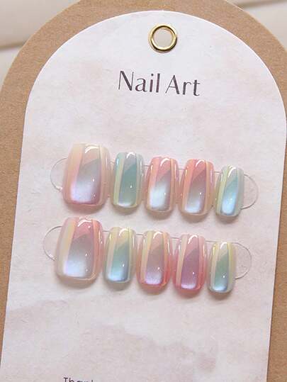 10 件渐变猫眼按压指甲 - 短芭蕾形状，糖果色，亮面，易于涂抹且可重复使用 - 沙龙品质美甲用品