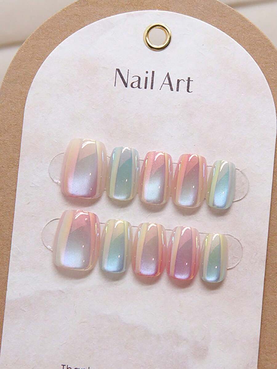 10Pcs Ombre Cat Eye Press-On Nails - Short Ballet Shape, Candy Colors, Glossy Finish, Easy To Apply And Reusable - Salon Quality Look Nail Supplies Nails - Multicolor - View 1
