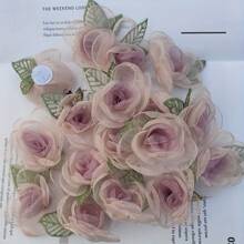 20/10pcs Pink Sheer Mesh Rose Flower Embroidered Appliques With Leaves, Handmade 3D Floral Embellishments For Hair Clips And Craft Decorations