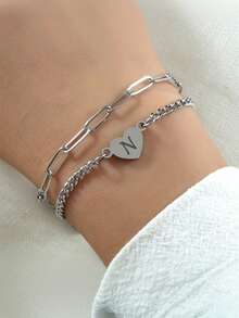 1 件朋克风格 26 字母不锈钢串珠女士/情侣手链，适合女性和情侣休闲日常佩戴 - 銀色 - 查看 19