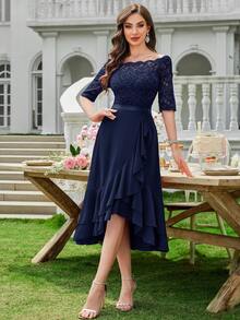 MIUSOL 船领花卉蕾丝拼接荷叶边下摆鸡尾酒会摇摆连衣裙婚礼宾客连衣裙舞会连衣裙