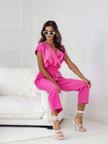 Yesfashion Business Casual Overalls For Women Fall Jumpsuits Dressy One Piece Outfits V Neck Belt Pockets Long Pants Romper - 玫紅色 - 查看 3