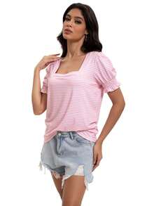VERACT Women's Square Neck Ruffle T Shirt Summer Casual Basic Short Sleeve - Striped Pink - View 3