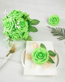 25Pcs Artificial Roses Flowers Fake Roses With Stems Real Touch Foam Flowers For DIY Wedding Bouquet Baby Shower Centerpiece Floral Arrangement Party Home Decor(Dark Red) - 淺綠色 - 查看 7