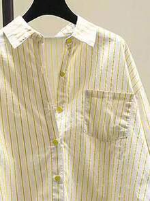 Women's Blue Striped Shirt With Design, Casual Loose Fitting Artistic Style Spring New Arrivals - Yellow - View 4