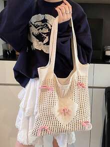 可爱蝴蝶结图案钩针单肩包镂空腋下包网眼假日旅行手提包夏季沙滩手提包女士蝴蝶结针织单肩包沙滩包镂空购物手提包钩针腋下袋女士旅行包 - 彩色 - 查看 7