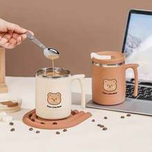 1 个 500 毫升/17 盎司不锈钢旅行咖啡杯，带吸管和盖子，双层隔热，动物图案，椭圆形，仅可手洗，可重复使用，多用途，适用于冷热饮品，防溢 | 动物图案杯 | 耐用饮具