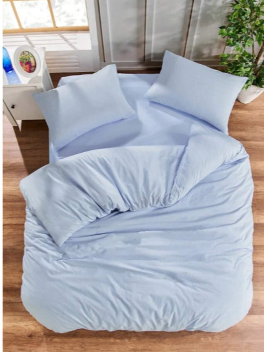 MADE IN TURKEY Single Size 3-Piece Bedding Set | 160x220 Cm Duvet Cover + 100x200x30 Cm Fitted Sheet + 1 Envelope Pillowcase 50x70 Cm | 65% Cotton | Soft & Breathable - Blue - View 1