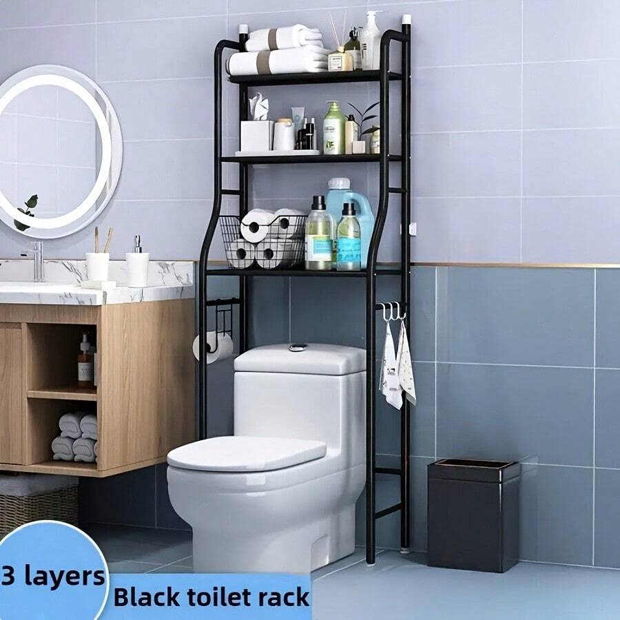3-Tier Metal Bathroom Storage Rack, Space-Saving Over-Toilet Shelf Organizer With Frame, No-Drill Installation For Small Spaces, Toilet Storage Solution | Minimalist Design | Nodrill Setup, Bathroom Organizers And Storage, Standing Shelf, Shelves - 黑色 - 查看 1