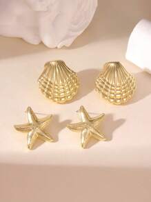MESTILO 1 Pair Gold-Tone Scallop Sea Star Stud Earrings, Suitable For Women's Daily And Resort Wear