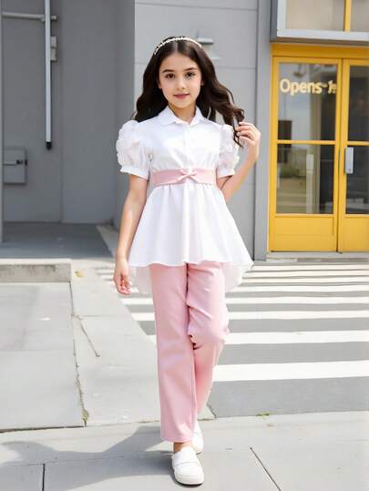女童休闲优雅网袖立领长衬衫和纯色裤子两件套，春夏