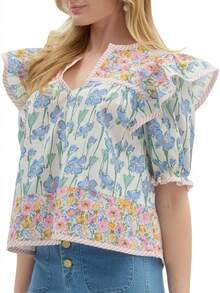 Women Floral Patchwork Short Sleeve Shirt Boho Flutter Sleeve V Neck Peplum Blouse Tops Summer Y2k Babydoll Tank Top - Màu xanh lam - Xem 2
