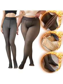 Women's 220G Thermal Tights With Fur Lined Elastic Slim Leggings P To Plus - 黑色 - 查看 1