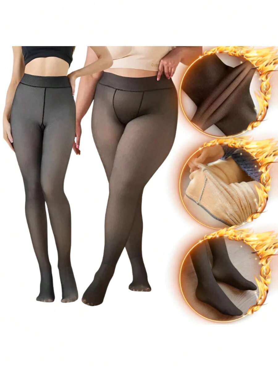 Women's 220G Thermal Tights With Fur Lined Elastic Slim Leggings P To Plus - 黑色 - 查看 1