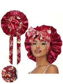 1件装女士印花丝滑缎面睡帽，休闲舒适，可作睡帽或头巾使用（印花图案随机） - 紅色NPSM14 - 查看 16