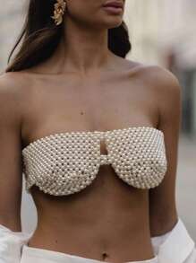 1 pezzo Bigiotteria da spiaggia per il petto da donna in finta perla, bikini a catena, outfit super per vacanze e mare