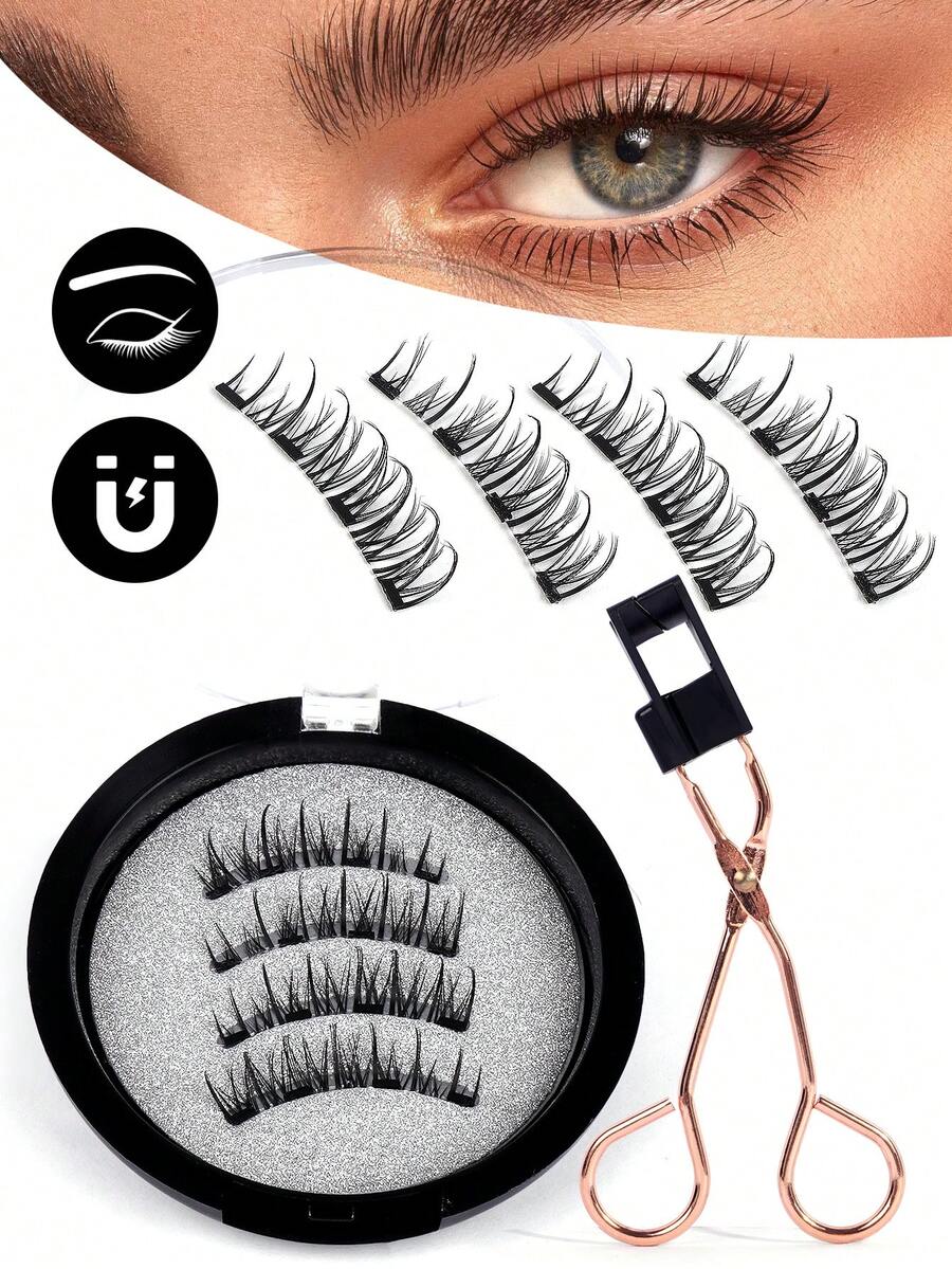 MAGEFY 1 Set 4pcs CC Curl Magnetic Eyelash Kit - Natural Looking Reusable False Eyelashes With Strong Magnet, 8-12mm Faux Mink Lashes For Everyday Wear, Waterproof,Comic Eyelash Glue Free, Comic Pointed Tail Style Mixed Style, Elongated Eye Tail Enlarges Both Eyes,Fluffy Slim For Everyday Use Manga Eyelashes, Travel Essentials - 自然纖長款 - 查看 1