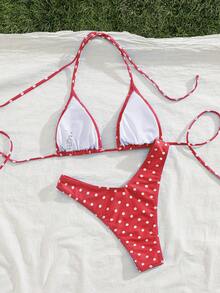 PEPPERMOLLY 新款柔软衬垫蓝白波点印花细肩带露背性感派对比基尼套装，夏季沙滩时尚女士泳装度假装 - 紅色 - 查看 3