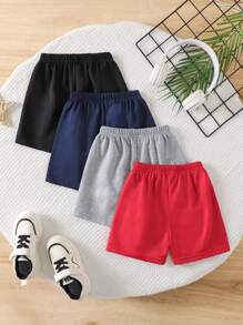 4PCS Sets Of Young Boys' Casual Sports Solid Color Shorts Suits, Comfortable And Simple College Style Jogging Shorts, Suitable For Summer Outdoor Vacation, Party, Cycling, Running, And Daily Wear