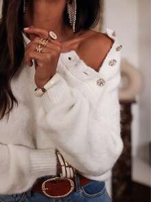 女士纯色纽扣休闲百搭长袖套头针织衫 白色 - 白色 - 查看 3