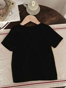 Camiseta de manga corta casual con cuello redondo y estampado de letra sonriente, suave y cómoda para usar en primavera/verano - Negro - Ver 3