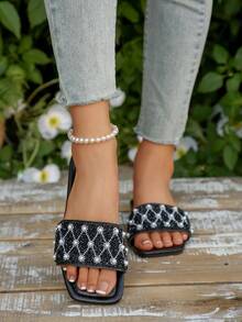 Women's One-Toe Rhinestone Sandals, Casual All-Match Outdoor Plastic Flat Slippers - Black - View 7