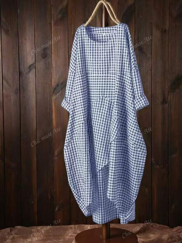 Vestido cómodo y suelto con cuello redondo elegante y estampado a cuadros con diseño cruzado