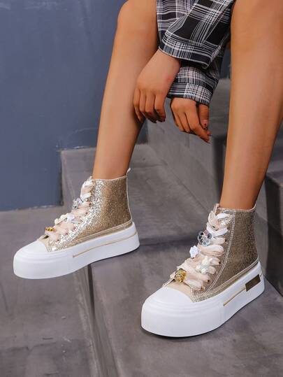 Women's High-Top Canvas Sneakers, Preppy College Casual Style, Lace-Up, Versatile & Fashionable