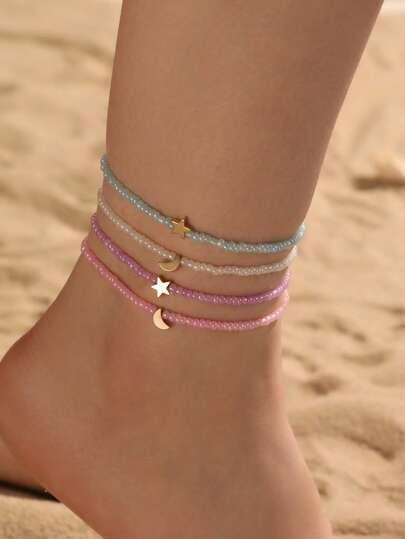 4 Stücke/Set Mädchen Stern & Mond Perlen Fußkettchen Set