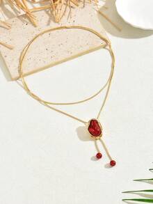 1件法式魅力经典红色巴洛克仿珍珠镶嵌不规则珍珠长项链，时尚女士度假、派对、婚礼、约会配饰项链 - 紅色 - 查看 3