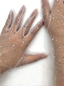 1 Pair Pure White Sparkly Crystal Bridal Gloves, Long Sheer Tulle Gloves To Complement Your Wedding Gown, Wearable Year-Round Autumn Accessories