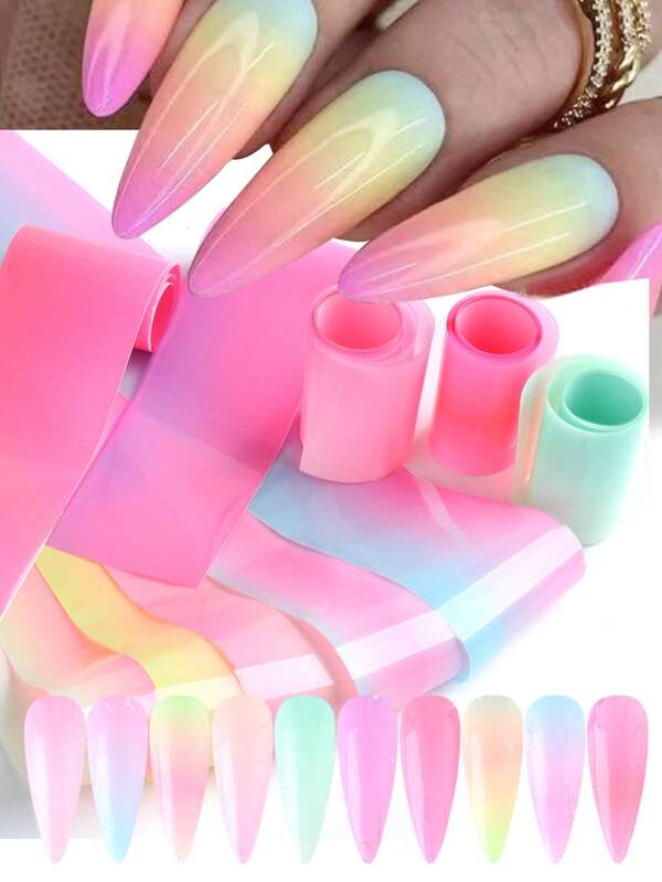 10 Stücke leuchtende Verlaufsfarbige Nagelfolien 20x4cm, bunte Sommernagelfolien, Nail Art Aufkleber, rosa Serie für Acrylnägel, Sternenklare Nagel Wraps, Transferfolien für Frauen und Mädchen