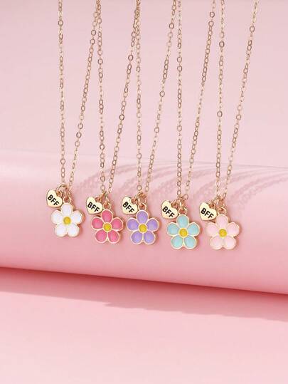 5pcs Girls Zinc Alloy Colorful Enamel Flower Shaped Pendant Necklace Set With BFF Heart Shaped Charm, Suitable For Daily Life And Wear With Friends