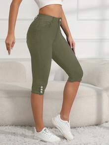 Jeans capri de verano elásticos y ajustados de estilo casual para mujer - Verde - Ver 4
