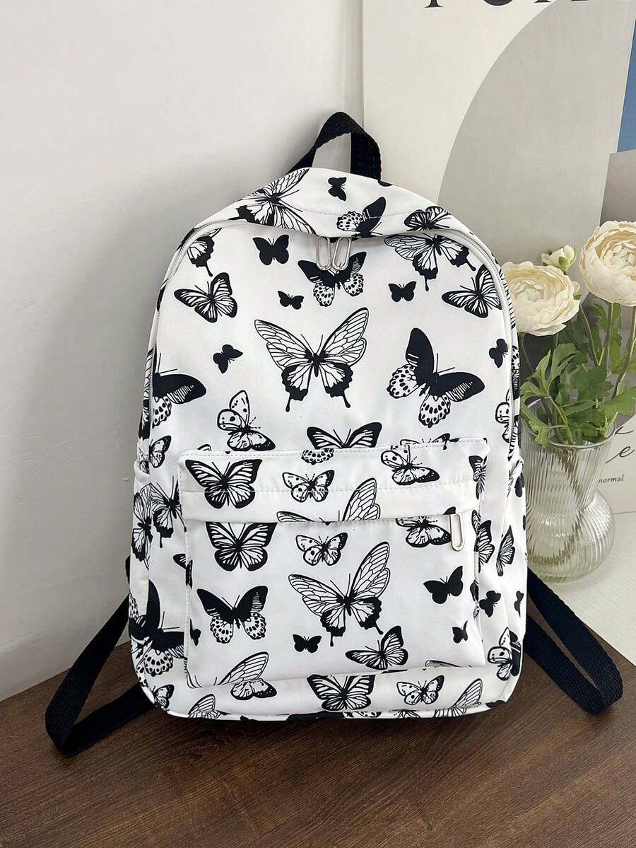 1pc Women's Fashion Butterfly Print Color Block Large Capacity Backpack, Classic Student School Bag, Versatile Commuter Backpack With Multiple Pockets - Black and White - View 1