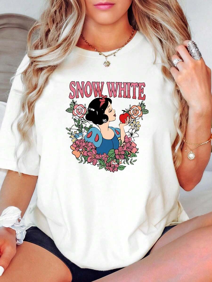 180g Pure Cotton Snow White And 7 Dwarfs Shirt, Disney Princess Sweatshirt, Disney Girls Trip Shirt, Princess Snow White Shirt Top For Everyday Wear Stylish Designer Clothes Comfortable Soft Female Versatile Fashion Streetwear Women Graphic Slightly Unisex Breathable