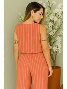 Women's Cropped & Striped Viscose Pant Set - 橙色條紋 - 查看 4