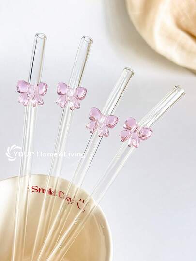 1/2/4/5/6/8Pcs Cute Cartoon Glass Straws With Pink Bow/Butterfly/Heart/Large Bowknot Charms For Water Cup,Shatter Resistant And Reusable Clear Glass Drinking Straws Cutlery Set,For Kitchen Accessories,Straw Topper,Cold Drinks, Milk Tea, Coffee, Juice, Smoothies,Home,Restaurants, Cocktail Parties,Back-To-School,Hen Do Decorations,Wedding,Travel,Funny Gift For Girlfriends/Boyfriends, Parents, Friends,Holiday Supplies,Easter Gifts,Summer.