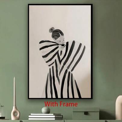1 件带框帆布墙画 - 现代黑白条纹女人插图，适合客厅、卧室、办公室或餐厅的室内/室外装饰，完美的生日或节日礼物，墙壁艺术装饰